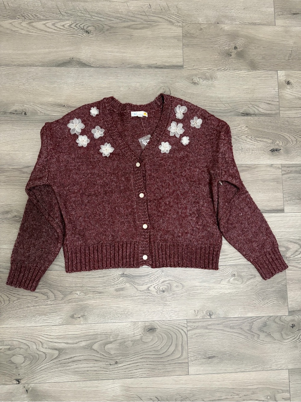 C&C California Burgundy Knit Cardigan with White Floral Appliqués